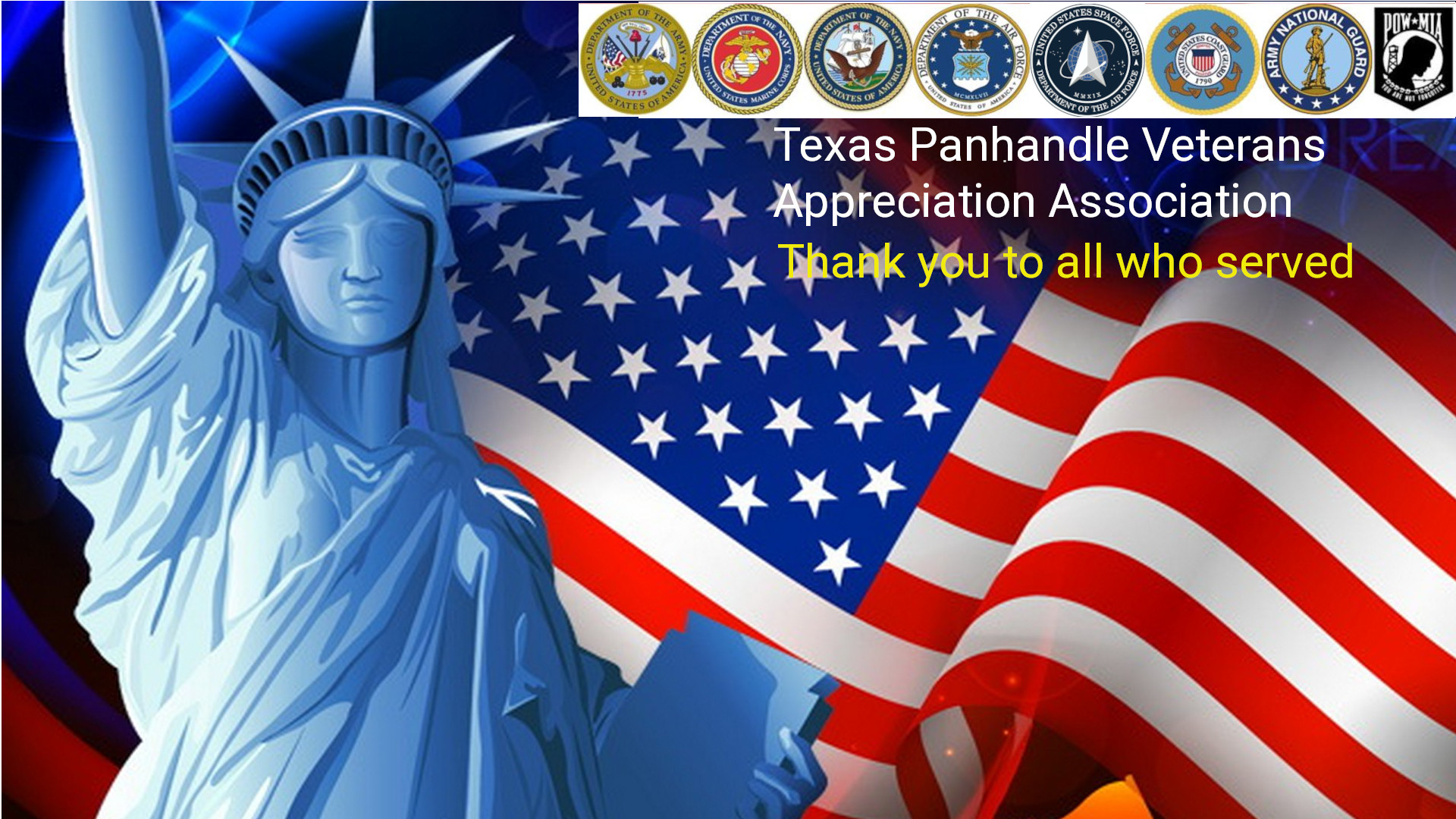 Lady liberty, flag logos of
            armed forces and thank you